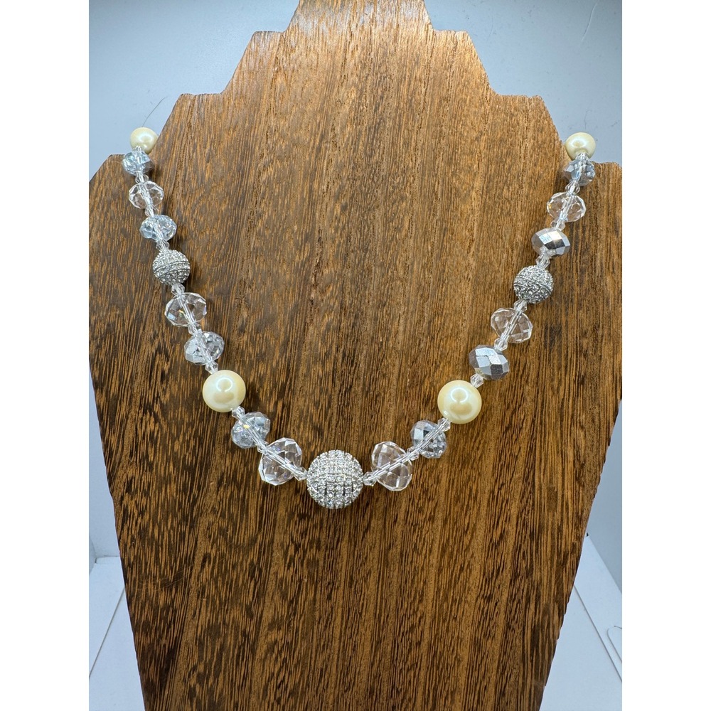 Cezanne Silver Tone Faux Pearl Rhinestone Disco Ball Crystal Beaded Necklace